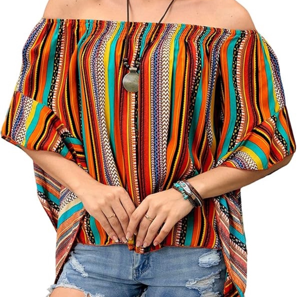 Off Shoulder Striped Blouse - Loose Shirred Half Sleeve Top - Boho Ruffle Trim
